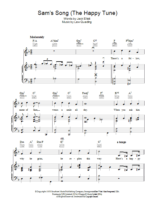 Learn to play Bing Crosby Sam's Song (The Happy Tune) sheet music for Piano, Vocal & Guitar (Right-Hand Melody) in minutes. Bing Crosby Sam's Song (The Happy Tune) sheet music preview music notes and score for Piano, Vocal & Guitar (Right-Hand Melody) including 4 page(s)