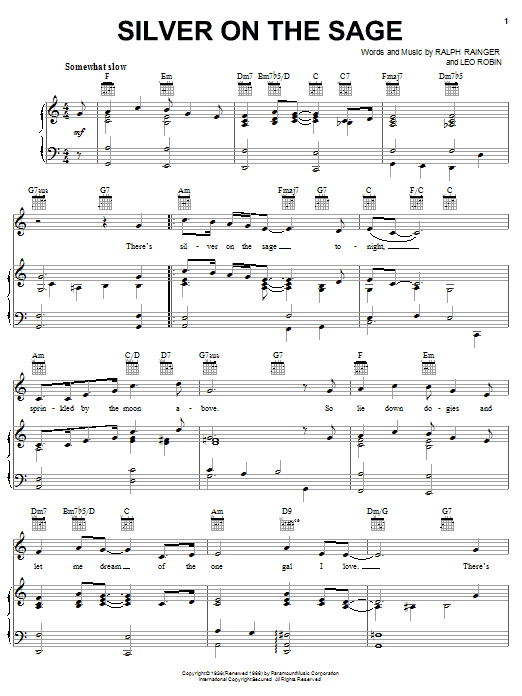 Learn to play Bing Crosby Silver On The Sage sheet music for Piano, Vocal & Guitar (Right-Hand Melody) in minutes. Bing Crosby Silver On The Sage sheet music notes and chords