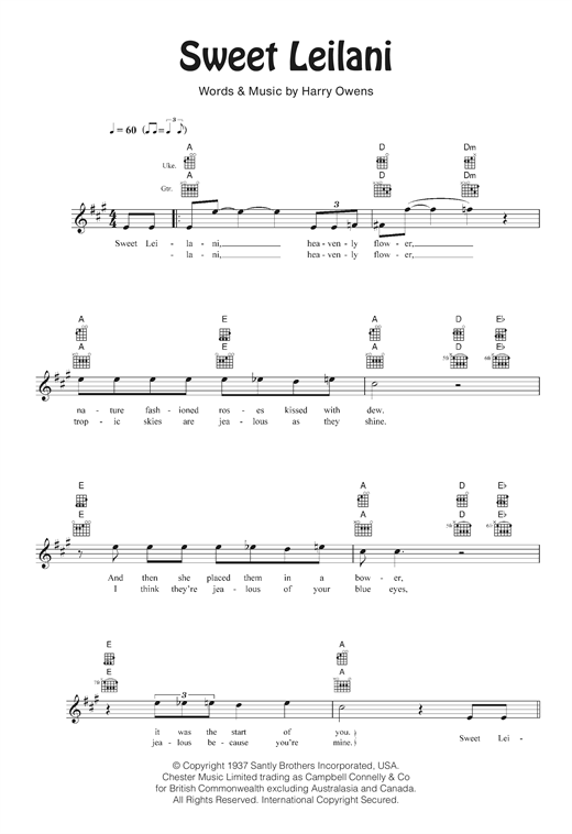 Bing Crosby Sweet Leilani sheet music, chords, lyrics - Printable PDF for Ukulele