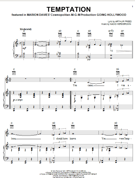 Learn to play Bing Crosby Temptation sheet music for Piano, Vocal & Guitar (Right-Hand Melody) in minutes. Bing Crosby Temptation sheet music notes and chords