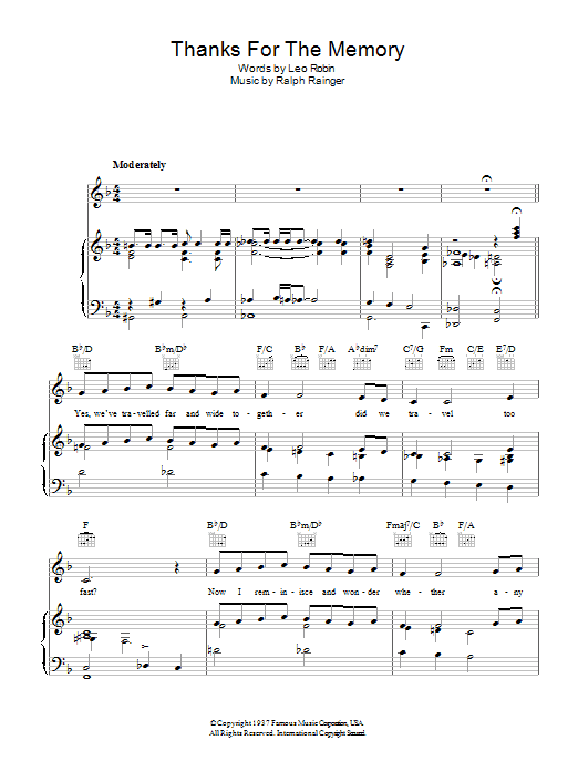 Bing Crosby Thanks For The Memory sheet music preview music notes and score for Piano, Vocal & Guitar (Right-Hand Melody) including 5 page(s)