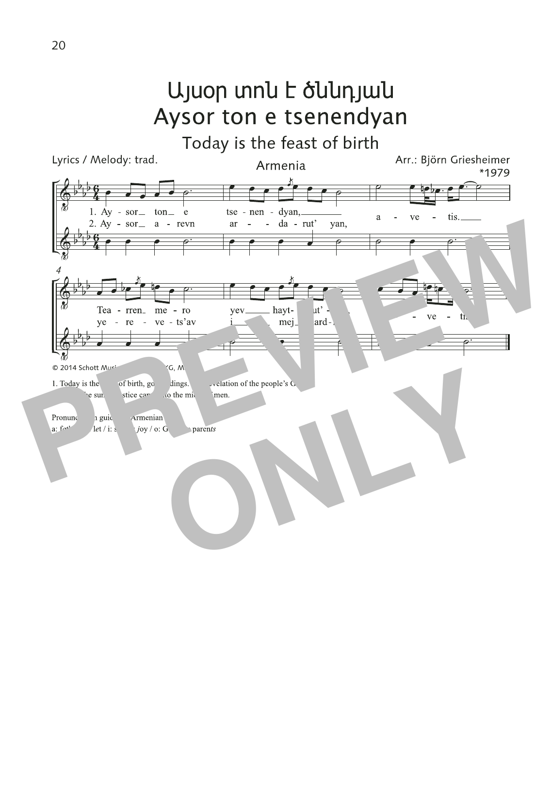 Learn to play Björn Griesheimer Aysor ton e tsenendyan sheet music for Choir in minutes. Björn Griesheimer Aysor ton e tsenendyan sheet music preview music notes and score for Choir including 1 page(s)