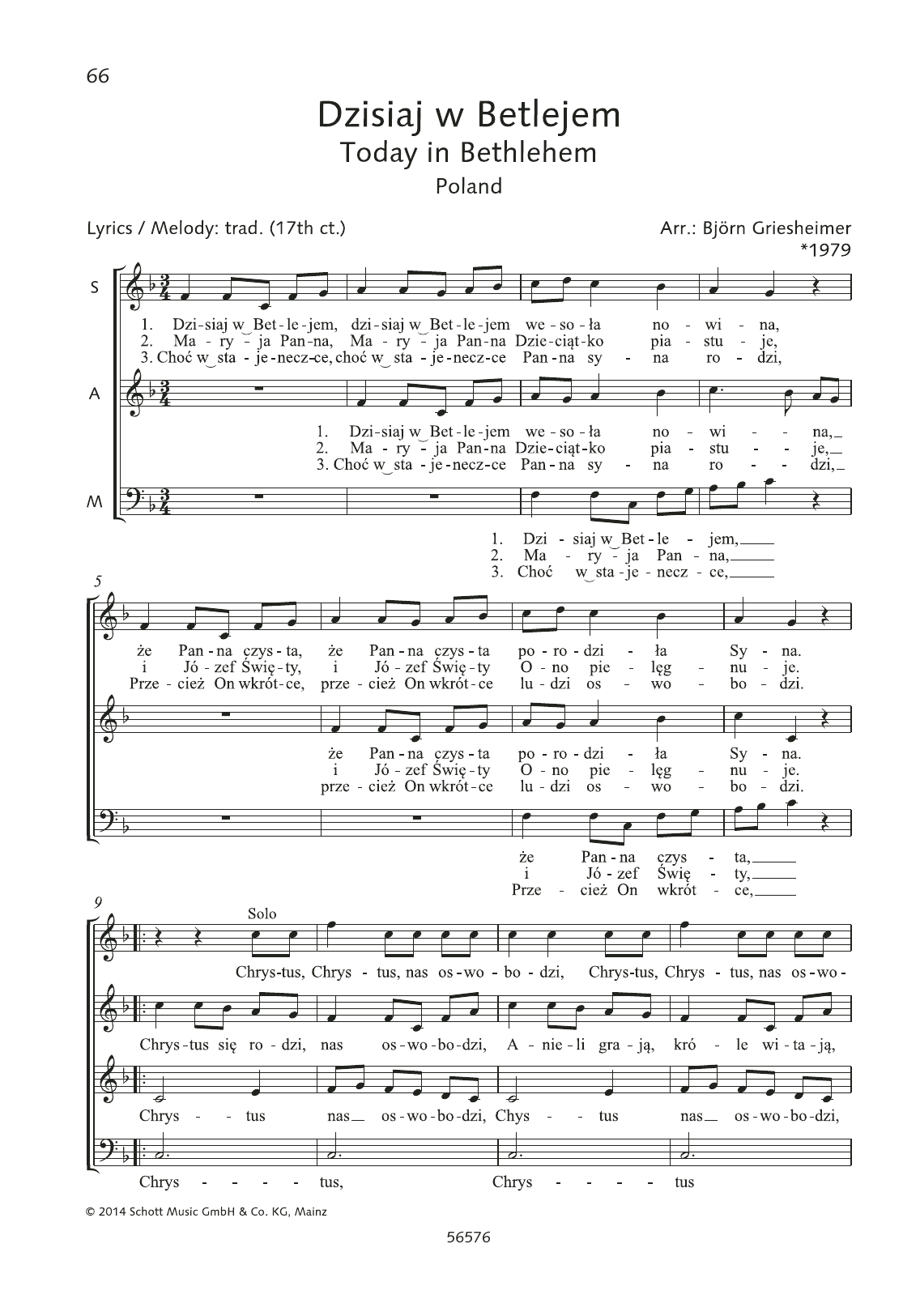 Learn to play Björn Griesheimer Dzisiaj w Betlejem sheet music for Choir in minutes. Björn Griesheimer Dzisiaj w Betlejem sheet music preview music notes and score for Choir including 2 page(s)