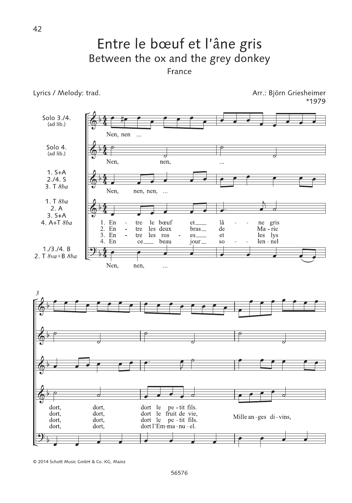 Learn to play Björn Griesheimer Entre Le Boeuf Et L'ane Gris sheet music for Choir in minutes. Björn Griesheimer Entre Le Boeuf Et L'ane Gris sheet music preview music notes and score for Choir including 2 page(s)