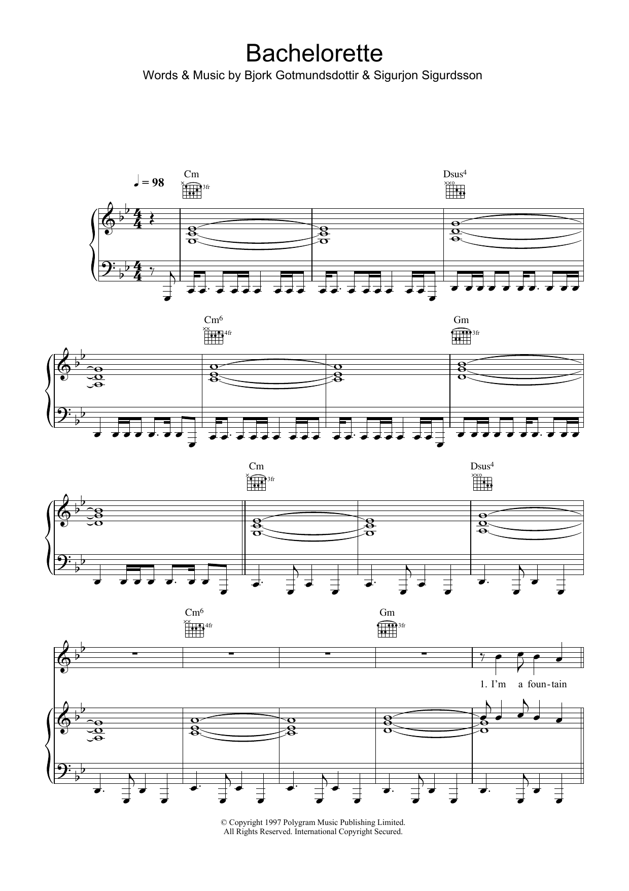 Bjork Bachelorette sheet music, chords, lyrics - Printable PDF for Piano, Vocal & Guitar (Right-Hand Melody)