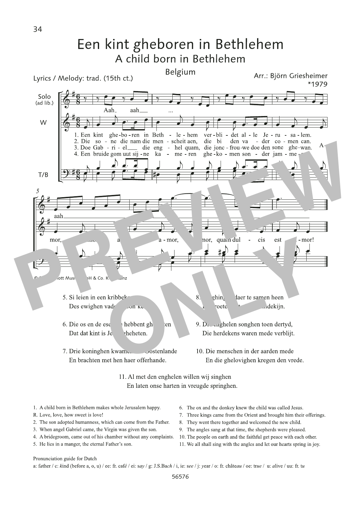 Björn Griesheimer Een kint gheboren in Bethlehem sheet music, chords, lyrics - Printable PDF for Choir