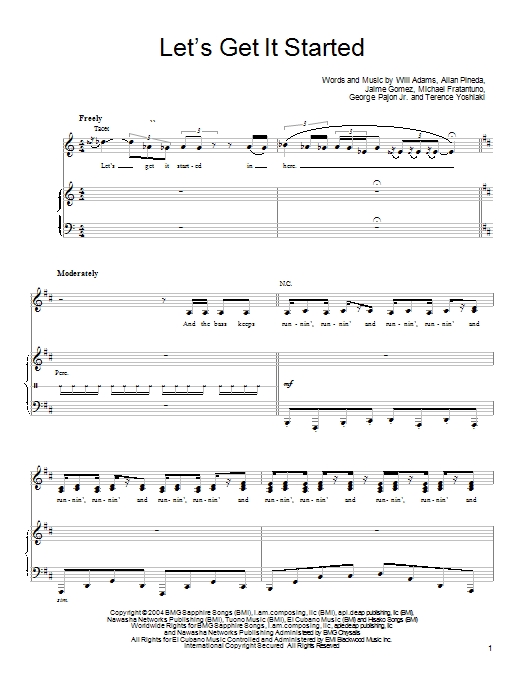 Learn to play The Black Eyed Peas Let's Get It Started sheet music for Piano, Vocal & Guitar (Right-Hand Melody) in minutes. The Black Eyed Peas Let's Get It Started sheet music preview music notes and score for Piano, Vocal & Guitar (Right-Hand Melody) including 9 page(s)