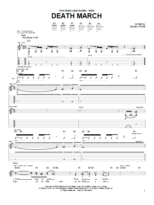Black Label Society Death March sheet music preview music notes and score for Guitar Tab including 3 page(s)