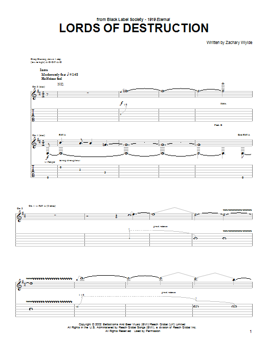 Learn to play Black Label Society Lords Of Destruction sheet music for Guitar Tab in minutes. Black Label Society Lords Of Destruction sheet music preview music notes and score for Guitar Tab including 8 page(s)