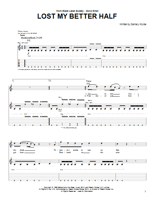 Black Label Society Lost My Better Half sheet music preview music notes and score for Guitar Tab including 6 page(s)