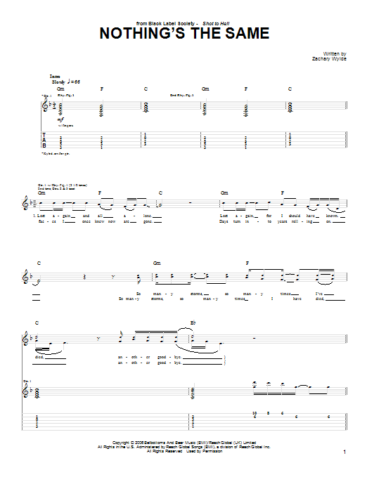 Black Label Society Nothing's The Same sheet music preview music notes and score for Guitar Tab including 5 page(s)