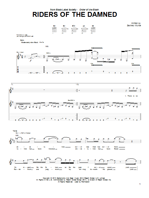 Black Label Society Riders Of The Damned sheet music preview music notes and score for Guitar Tab including 5 page(s)