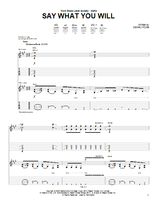Black Label Society Say What You Will sheet music preview music notes and score for Guitar Tab including 7 page(s)