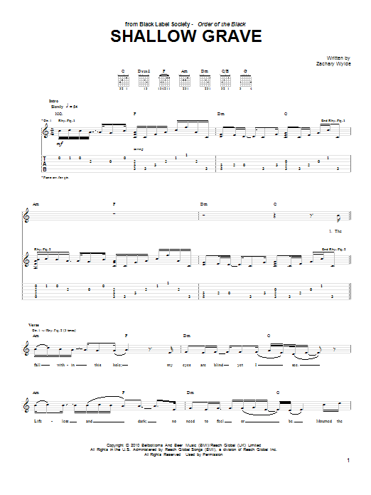 Black Label Society Shallow Grave sheet music preview music notes and score for Guitar Tab including 5 page(s)