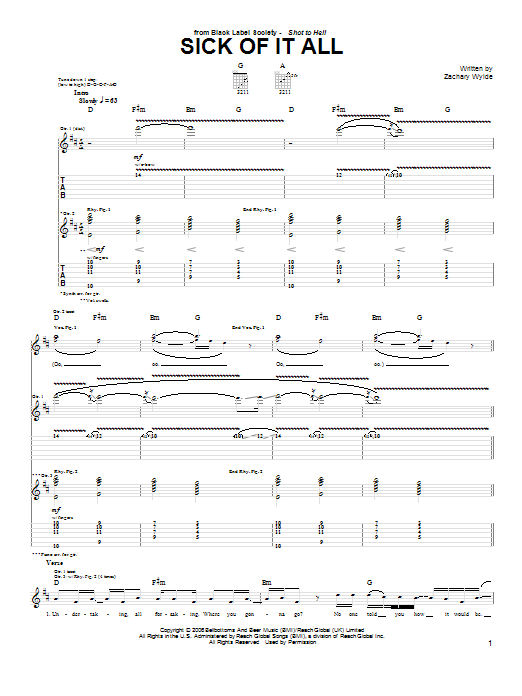 Black Label Society Sick Of It All sheet music preview music notes and score for Guitar Tab including 6 page(s)