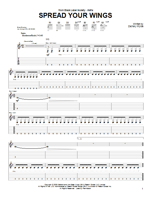 Black Label Society Spread Your Wings sheet music preview music notes and score for Guitar Tab including 5 page(s)