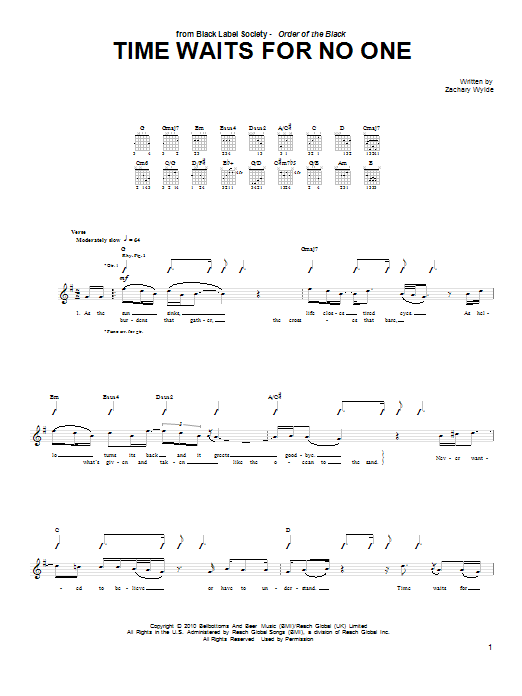 Learn to play Black Label Society Time Waits For No One sheet music for Guitar Tab in minutes. Black Label Society Time Waits For No One sheet music preview music notes and score for Guitar Tab including 4 page(s)