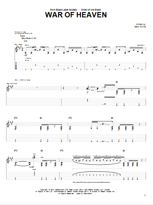 Learn to play Black Label Society War Of Heaven sheet music for Guitar Tab in minutes. Black Label Society War Of Heaven sheet music preview music notes and score for Guitar Tab including 7 page(s)
