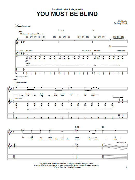 Black Label Society You Must Be Blind sheet music preview music notes and score for Guitar Tab including 5 page(s)