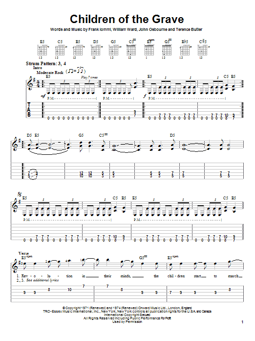 Black Sabbath Children Of The Grave sheet music preview music notes and score for Easy Guitar Tab including 3 page(s)