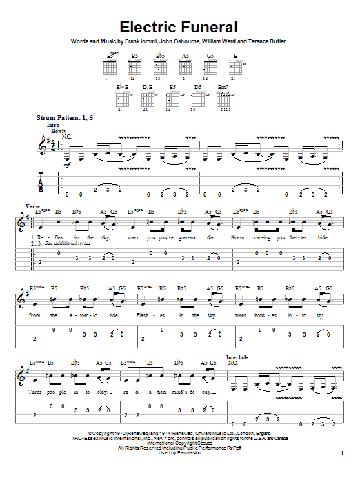 Black Sabbath Electric Funeral sheet music preview music notes and score for Easy Guitar Tab including 4 page(s)