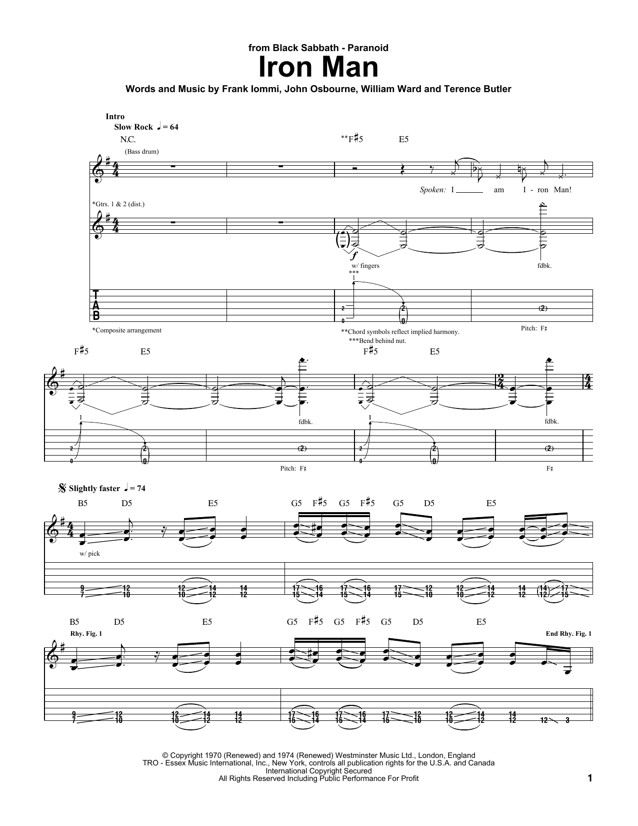 Black Sabbath Iron Man sheet music preview music notes and score for Easy Guitar Tab including 3 page(s)