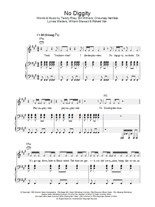 Blackstreet No Diggity sheet music preview music notes and score for Piano, Vocal & Guitar (Right-Hand Melody) including 8 page(s)