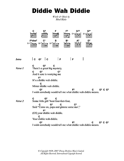 Blind Blake Diddie Wah Diddie sheet music, chords, lyrics - Printable PDF for Lyrics & Chords