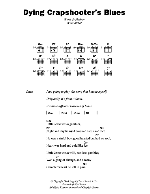 Blind Willie McTell Dying Crapshooter's Blues sheet music, chords, lyrics - Printable PDF for Lyrics & Chords