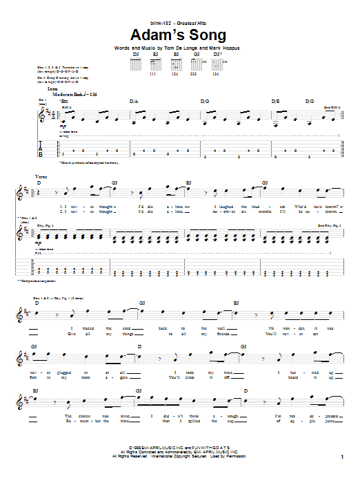 Learn to play Blink-182 Adam's Song sheet music for Guitar Tab in minutes. Blink-182 Adam's Song sheet music preview music notes and score for Guitar Tab including 6 page(s)