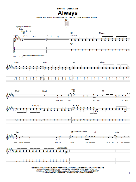 Blink-182 Always sheet music preview music notes and score for Guitar Tab including 7 page(s)