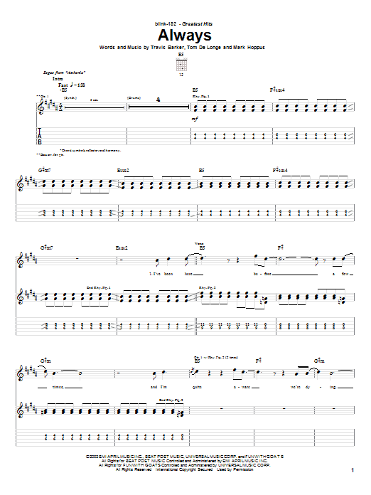 Learn to play Blink-182 Always sheet music for Guitar Tab in minutes. Blink-182 Always sheet music preview music notes and score for Guitar Tab including 7 page(s)