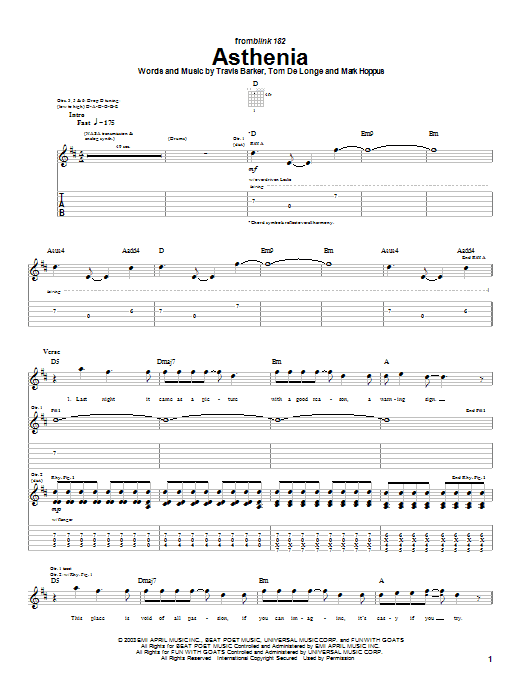 Learn to play Blink-182 Asthenia sheet music for Guitar Tab in minutes. Blink-182 Asthenia sheet music preview music notes and score for Guitar Tab including 6 page(s)