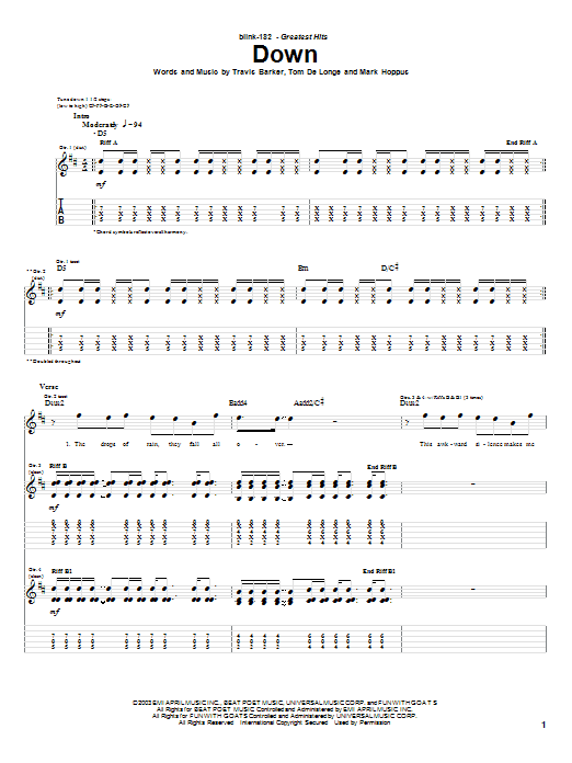 Blink-182 Down sheet music preview music notes and score for Guitar Tab including 4 page(s)