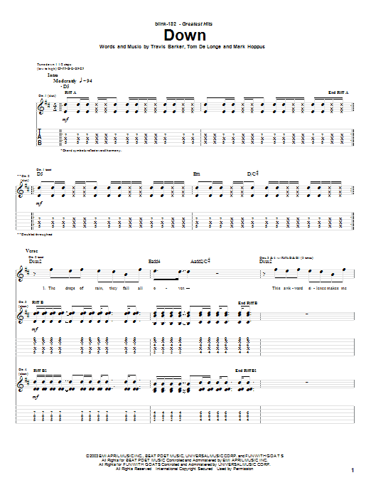Learn to play Blink-182 Down sheet music for Guitar Tab in minutes. Blink-182 Down sheet music preview music notes and score for Guitar Tab including 4 page(s)