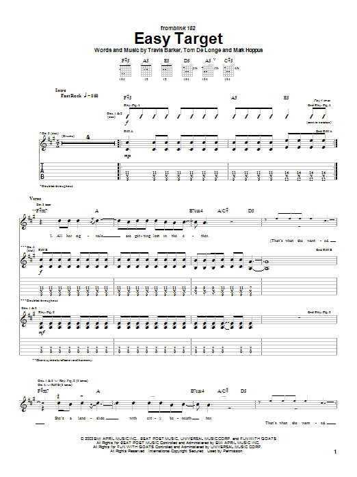 Learn to play Blink-182 Easy Target sheet music for Guitar Tab in minutes. Blink-182 Easy Target sheet music preview music notes and score for Guitar Tab including 4 page(s)