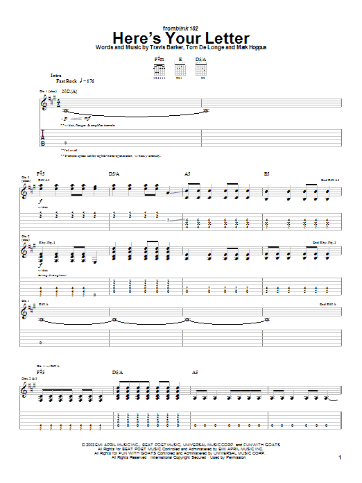 Blink-182 Here's Your Letter sheet music preview music notes and score for Guitar Tab including 7 page(s)