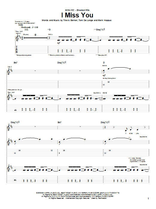 Learn to play Blink-182 I Miss You sheet music for Bass Guitar Tab in minutes. Blink-182 I Miss You sheet music notes and chords