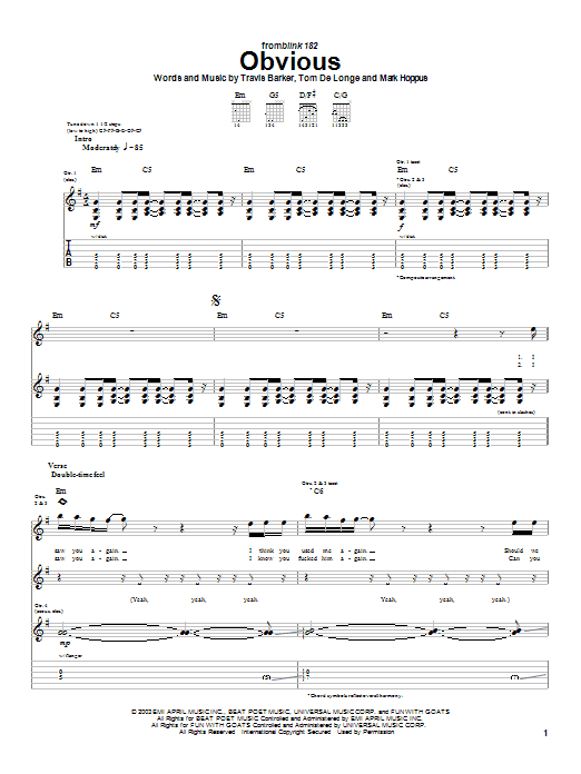 Learn to play Blink-182 Obvious sheet music for Guitar Tab in minutes. Blink-182 Obvious sheet music preview music notes and score for Guitar Tab including 5 page(s)