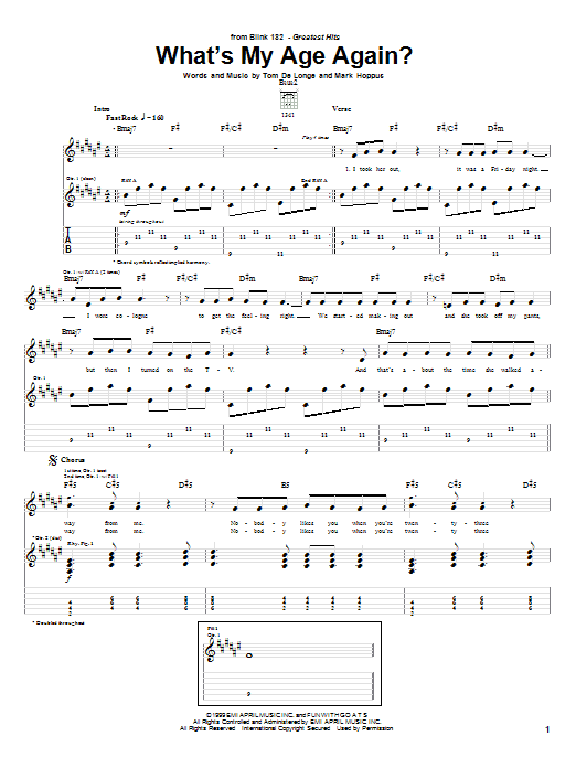 Blink-182 What's My Age Again? sheet music preview music notes and score for Guitar Tab including 6 page(s)