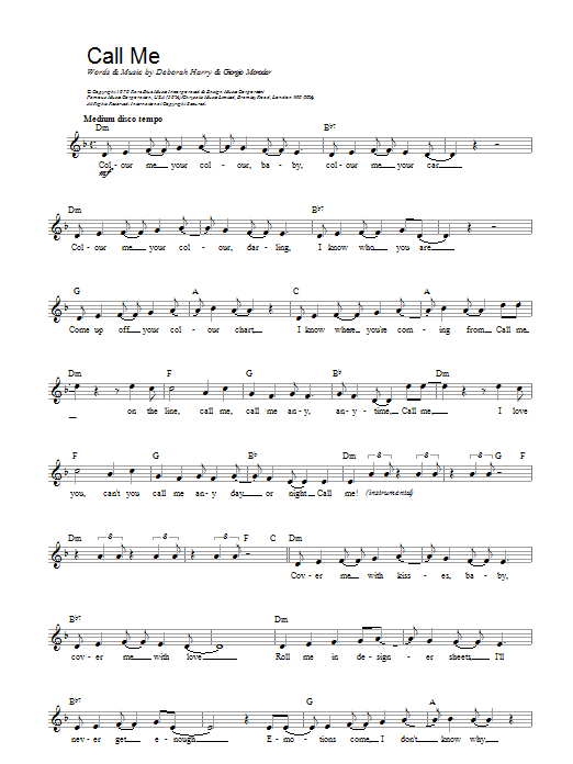 Download Blondie Call Me sheet music notes and chords for Piano, Vocal & Guitar (Right-Hand Melody) - Download Printable PDF and start playing in minutes.