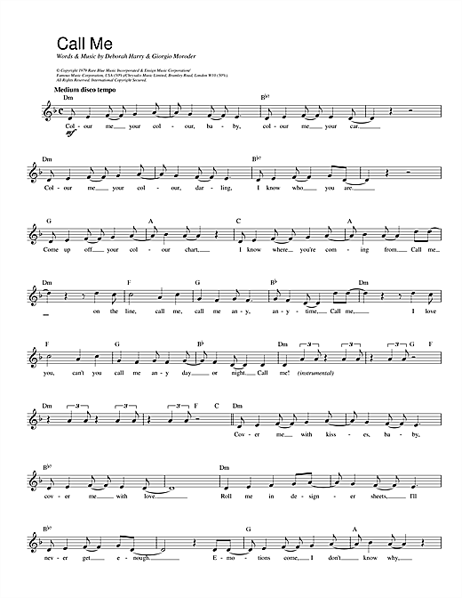 Learn to play Blondie Call Me sheet music for Piano, Vocal & Guitar (Right-Hand Melody) in minutes. Blondie Call Me sheet music notes and chords