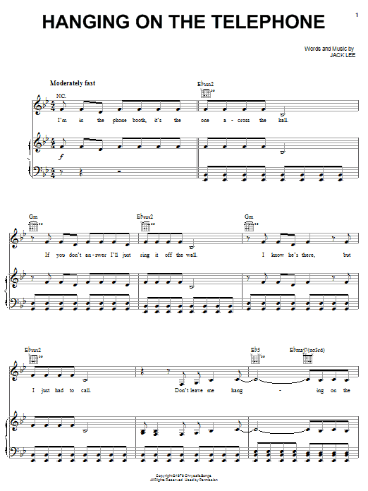 Learn to play Blondie Hanging On The Telephone sheet music for Piano, Vocal & Guitar (Right-Hand Melody) in minutes. Blondie Hanging On The Telephone sheet music notes and chords