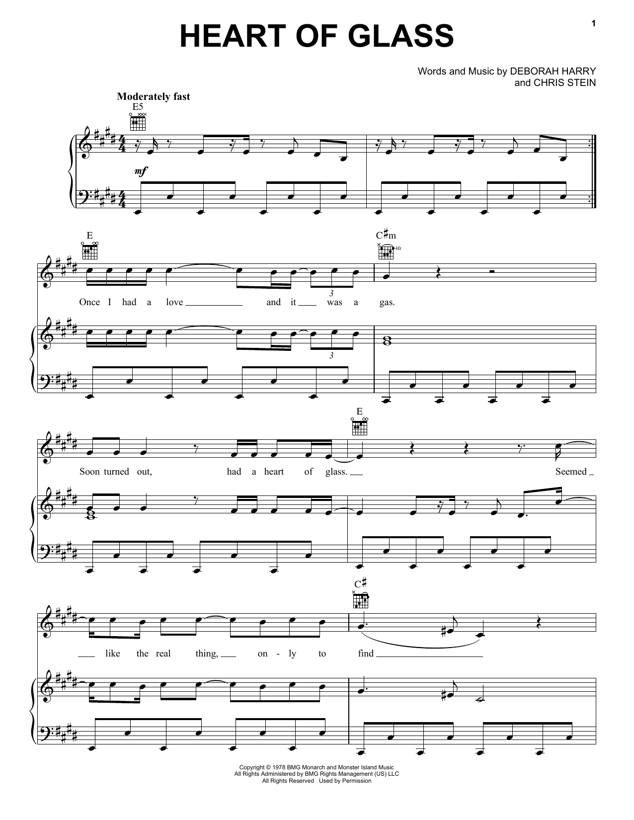 Learn to play Blondie Heart Of Glass sheet music for Piano, Vocal & Guitar (Right-Hand Melody) in minutes. Blondie Heart Of Glass sheet music notes and chords