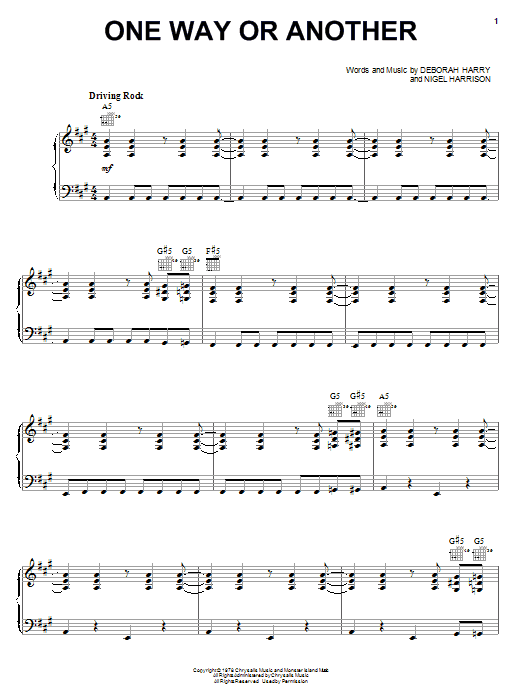 Learn to play Blondie One Way Or Another sheet music for Piano, Vocal & Guitar in minutes. Blondie One Way Or Another sheet music preview music notes and score for Piano, Vocal & Guitar including 5 page(s)