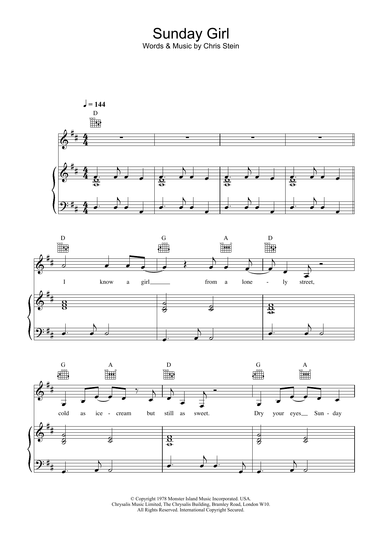 Learn to play Blondie Sunday Girl sheet music for Piano, Vocal & Guitar (Right-Hand Melody) in minutes. Blondie Sunday Girl sheet music preview music notes and score for Piano, Vocal & Guitar (Right-Hand Melody) including 7 page(s)