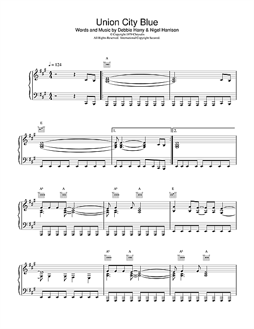 Learn to play Blondie Union City Blue sheet music for Piano, Vocal & Guitar (Right-Hand Melody) in minutes. Blondie Union City Blue sheet music notes and chords