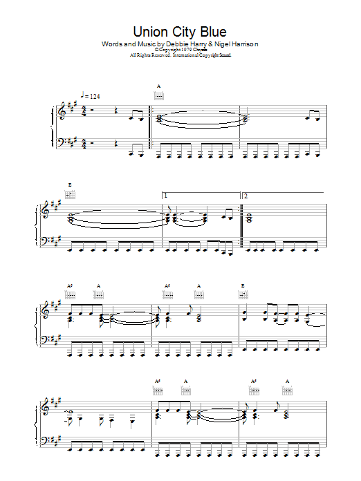 Blondie Union City Blue sheet music preview music notes and score for Melody Line, Lyrics & Chords including 2 page(s)