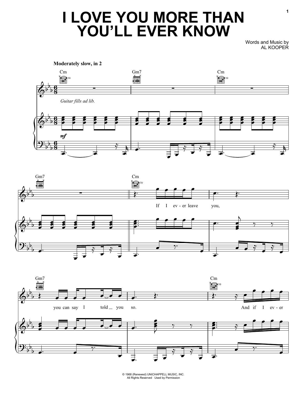 Blood, Sweat & Tears I Love You More Than You'll Ever Know sheet music, chords, lyrics - Printable PDF for Piano, Vocal & Guitar (Right-Hand Melody)