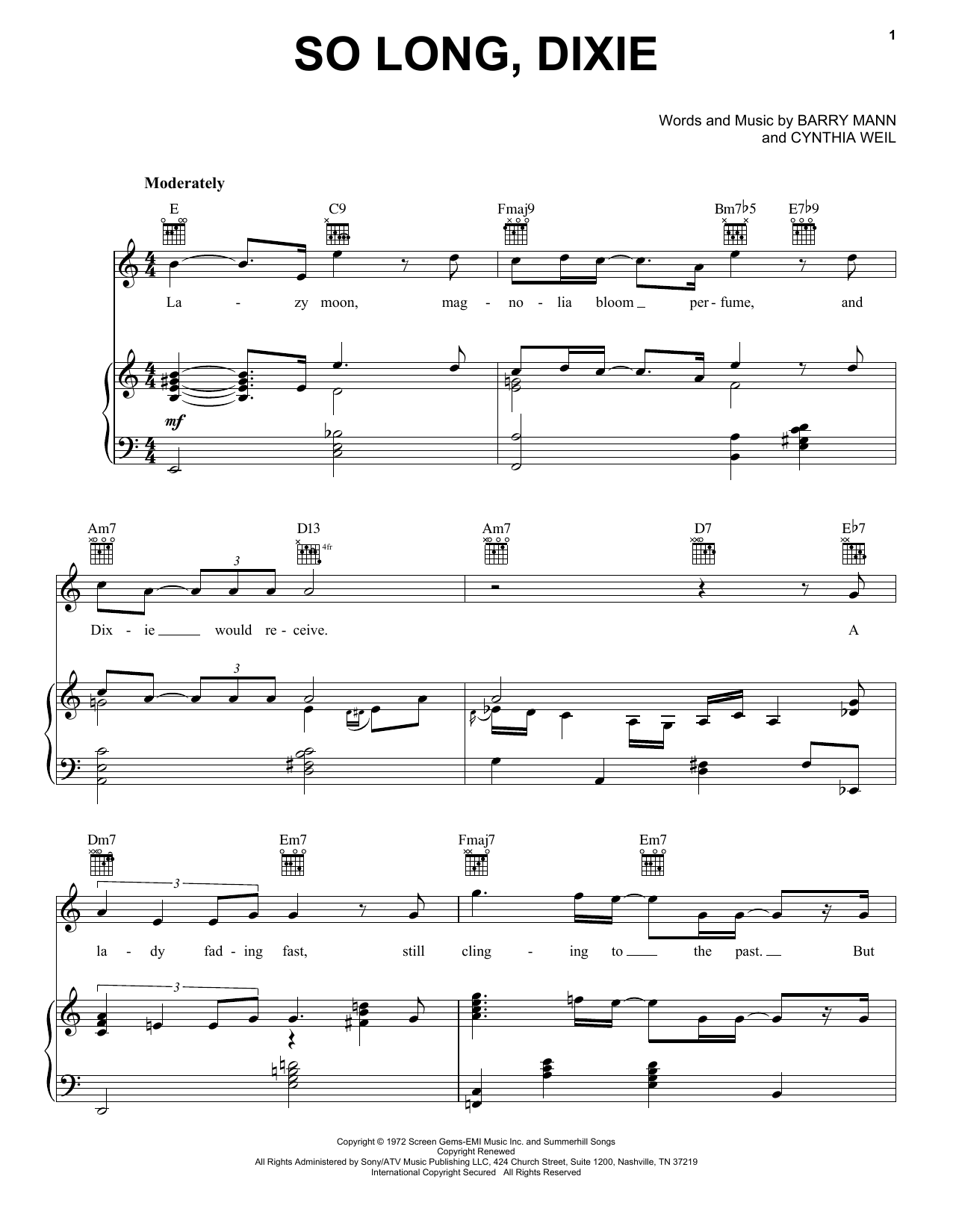 Blood, Sweat & Tears So Long Dixie sheet music, chords, lyrics - Printable PDF for Piano, Vocal & Guitar (Right-Hand Melody)